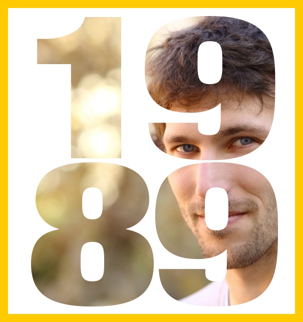 Born 1989 large - Yellow - 30th Birthday Large online invitation card for 30th birthday invitations with frame and year of birth 1989. Yellow.