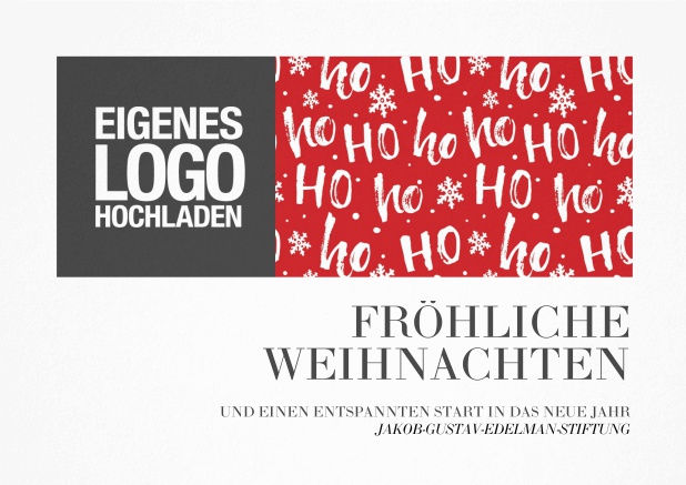 Einladungskarte zur Weihnachtsfeier mit rotem Design mit ho ho ho Text und Logo-Option. Grau.