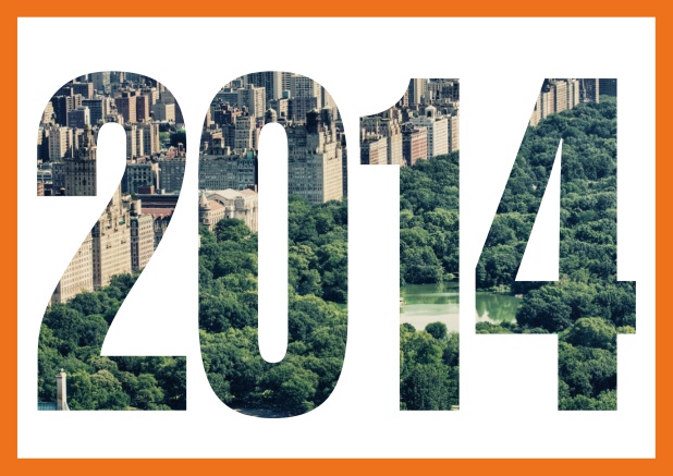 Online Einladungskarte mit ausgeschnittener 2014 für eigenes Image oder Foto Orange.