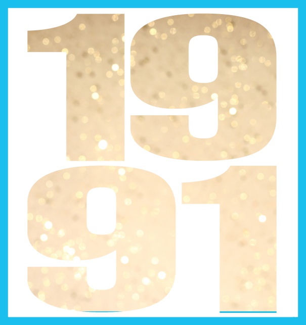 Online Invitation card in large format with cut out 1991 for an own photo or image. Blue.