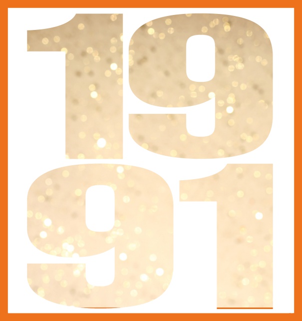 Online Invitation card in large format with cut out 1991 for an own photo or image. Orange.