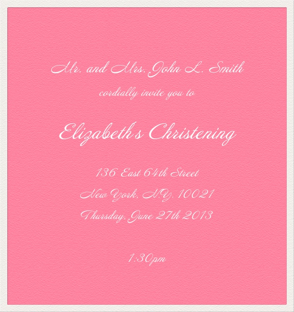 Pink Invitation Card for Christening and Confirmation with white text.