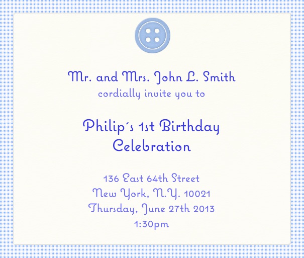 Kinder Einladungskarte mit hellblauem breiten Rand und hellblauem Knopf.