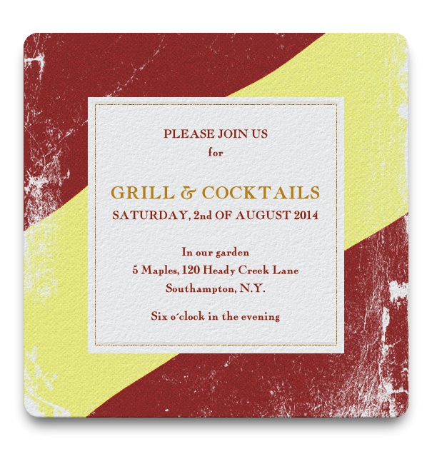 Spanish Flag Themed Iinvitation to Grill and cocktails with a golden frame around text.