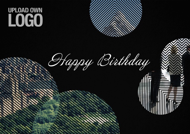 Corporate Birthday greeting card with circular photo fields with artistic stripes.