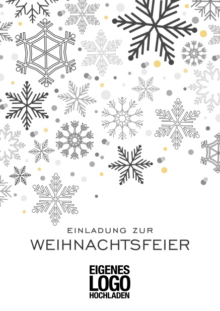 Online Einladungskarte zur Weihnachtsfeier mit Schneeflocken in auswählbaren Farben. Schwarz.