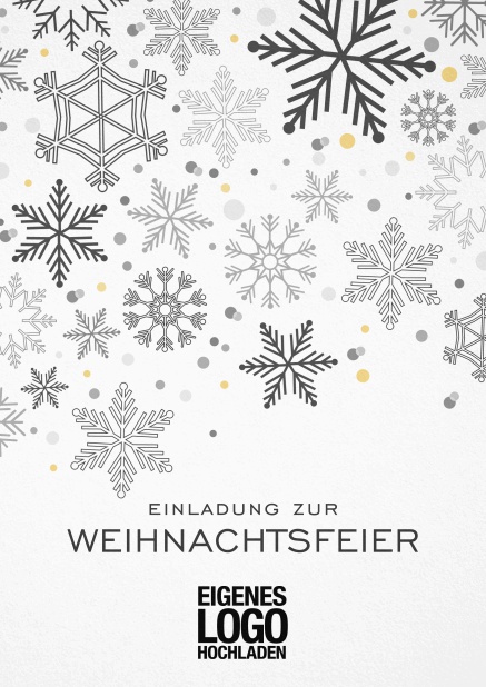 Einladungskarte zur Weihnachtsfeier mit Schneeflocken in auswählbaren Farben. Schwarz.