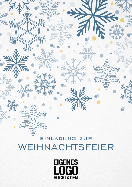 Einladungskarte zur Weihnachtsfeier mit Schneeflocken in auswählbaren Farben. Blau.