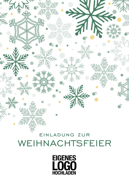 Online Einladungskarte zur Weihnachtsfeier mit Schneeflocken in auswählbaren Farben. Grün.