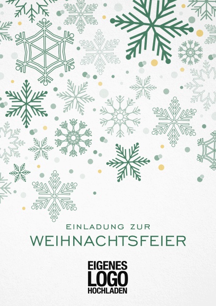 Einladungskarte zur Weihnachtsfeier mit Schneeflocken in auswählbaren Farben. Grün.