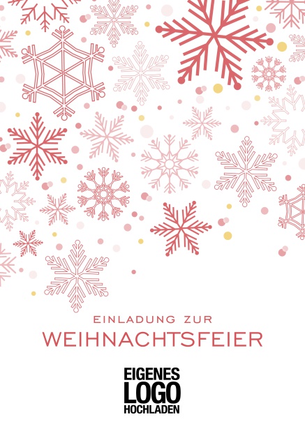 Online Einladungskarte zur Weihnachtsfeier mit Schneeflocken in auswählbaren Farben. Rot.
