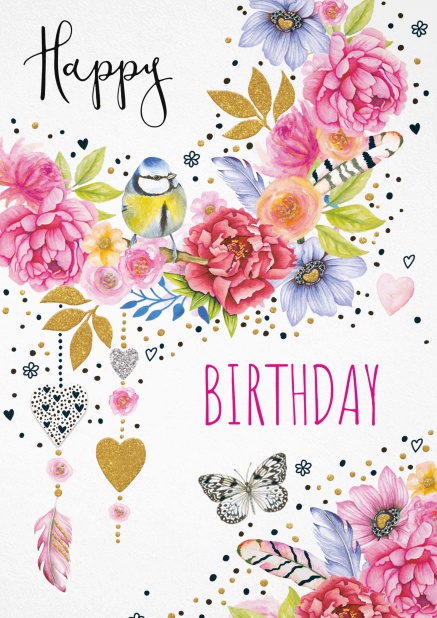 White Birthday Card with coloful hanging flowers