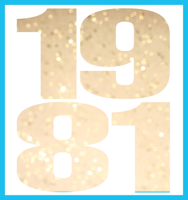 Online Invitation card in large format with cut out 1981 for an own photo or image. Blue.