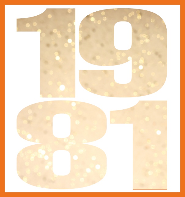 Online Invitation card in large format with cut out 1981 for an own photo or image. Orange.