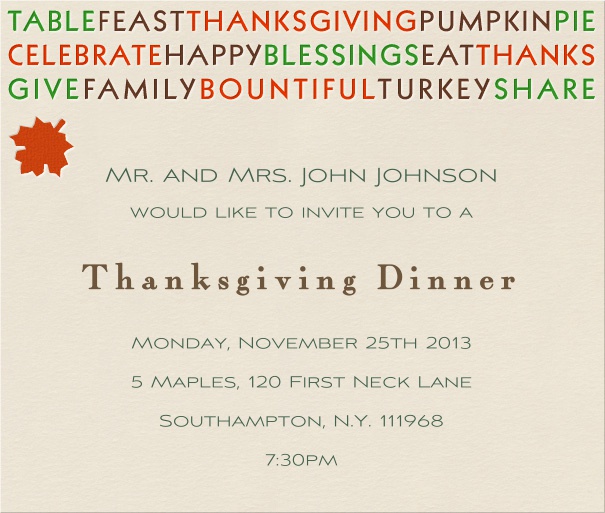 Querformat Thanksgiving Einladungskarten Vorlage - mit buntem Thanksgiving Text oben auf Karte.
