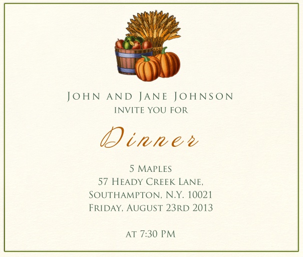 Weisse Herbst Einladungskarte in Quadratformat mit grünem Rand und Kürbissen und Weizen mitte oben auf Karte.