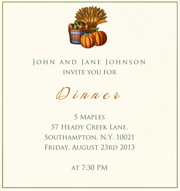High Format light Tan Fall Thanksgiving Themed Invitation with Harvest Image.