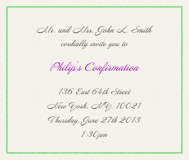 Tan Christening and Confirmation Invitation with green border.