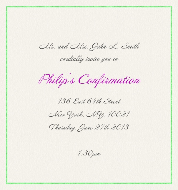 Hellbraune Einladungskarte für Taufe und Konfirmation mit grünem Rand.