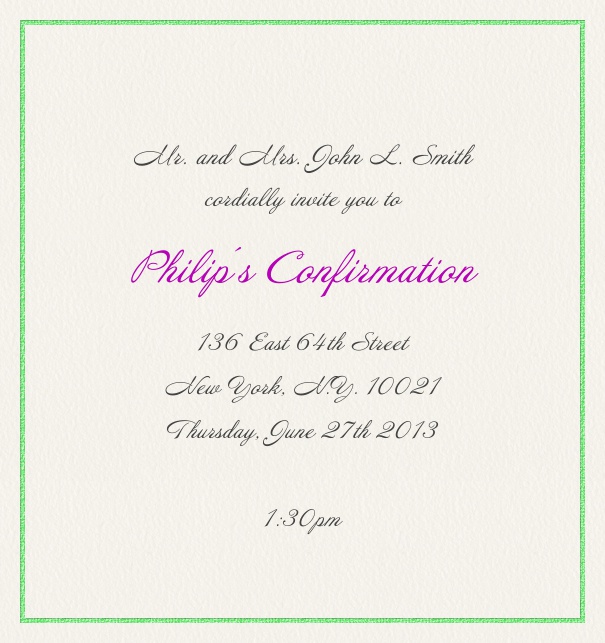 Tan Christening and Confirmation Invitation with green border.