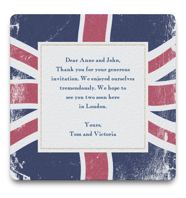 Online Kartenvorlage zum Grillen und zu Cocktails mit britischer Flagge als Hintergrund und weißem Textfeld.