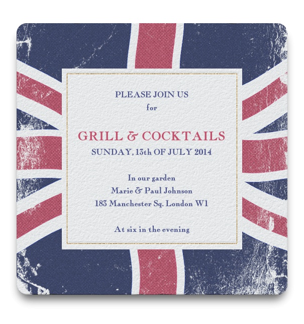 Square Union Jack Invitation with a golden frame around text.