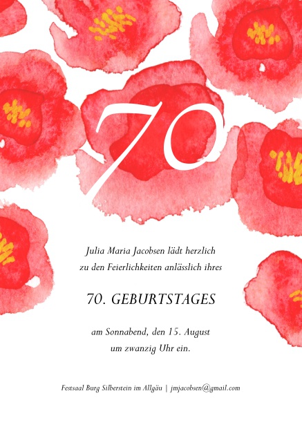 Online Einladung mit großen, roten Blumen oben zum 70. Geburtstag.