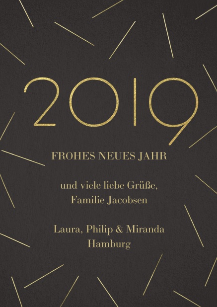 Einladungskarte zur Neujahrsparty 2019 auf schwarzem Hintergrund mit golenden Elementen