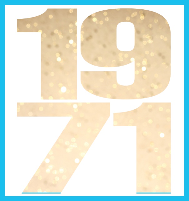 Online Invitation card in large format with cut out 1971 for an own photo or image. Blue.