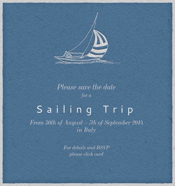 Blaue Save the Date Karte mit Segelboot und editierbarem Text.
