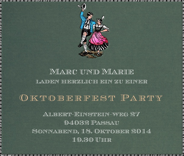 Bayerische Tracht Einladungskarte mit tanzendem Paar in bunter Tracht.