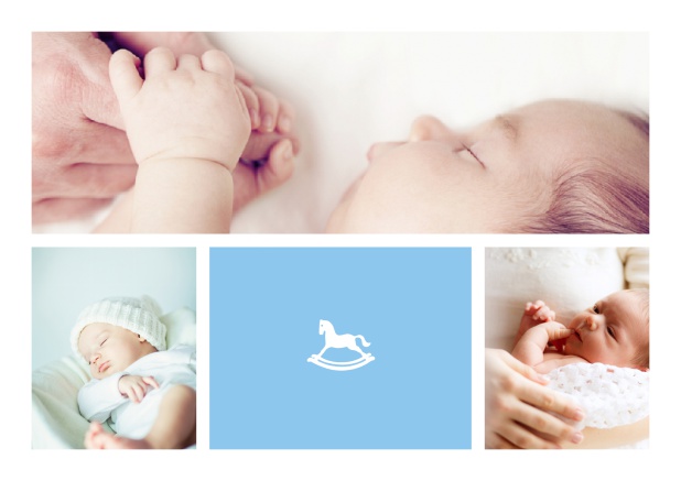 Online Geburtskarte mit Fotofeldern und Schaukelpferd und 2. Seite für editierbaren Text. Blau.