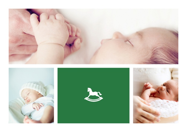 Online Geburtskarte mit Fotofeldern und Schaukelpferd und 2. Seite für editierbaren Text. Grün.