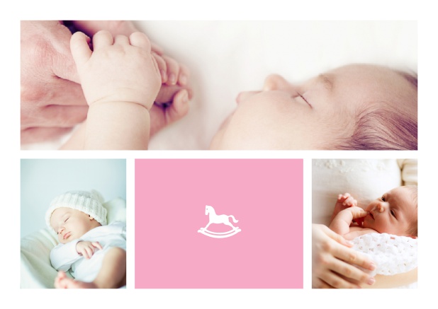 Online Geburtskarte mit Fotofeldern und Schaukelpferd und 2. Seite für editierbaren Text. Rosa.