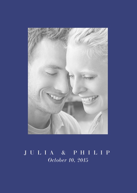 Online Wedding invitation card with one large photo box and text on the front page of a four paged design. Blue.