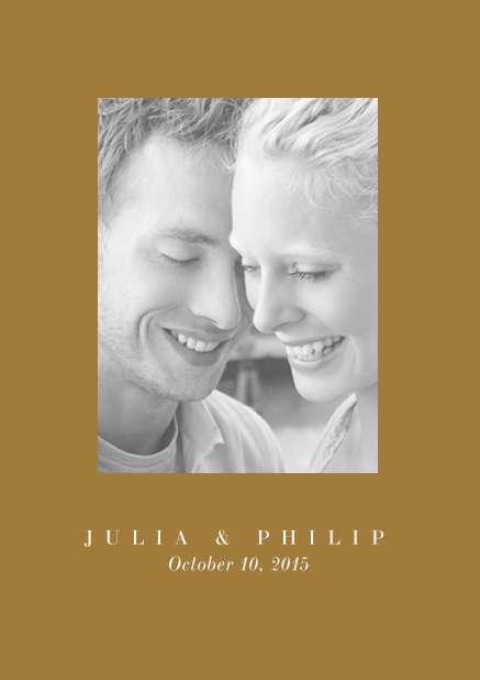 Online Wedding invitation card with one large photo box and text on the front page of a four paged design. Gold.