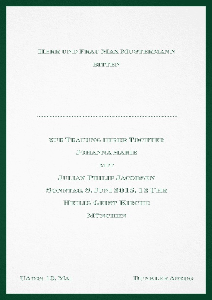 Klassiche Einladungskarte in Bordeaux Design mit einfarbigem Rand. Grün.