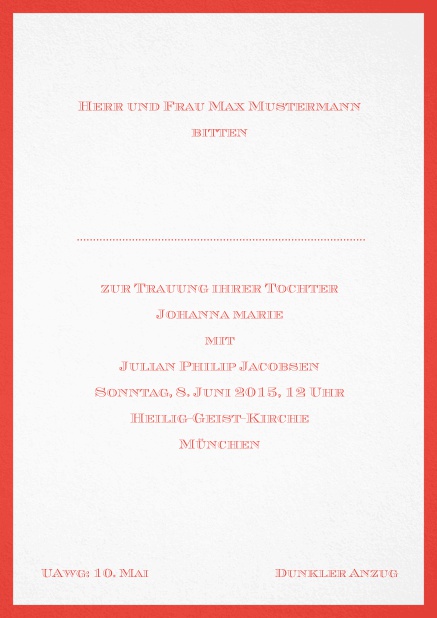 Klassiche Einladungskarte in Bordeaux Design mit einfarbigem Rand. Rot.