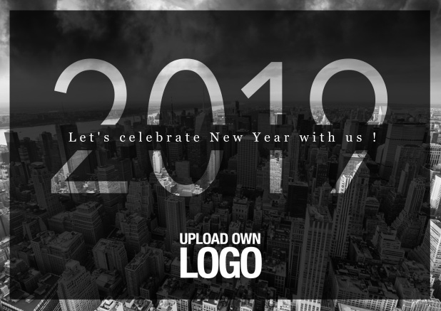 Dunkle Online Einladungskarte auf Fotofeld mit ausgeschnittener 2019 und Happy New Year Text.