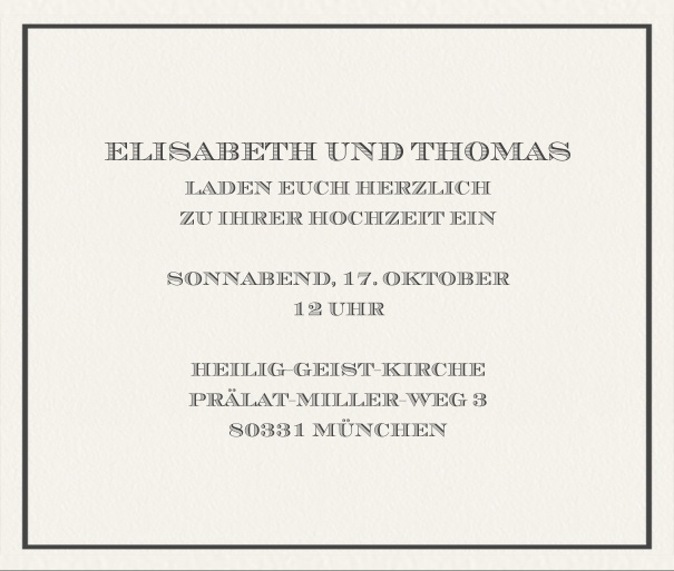 Klassische Online Einladungskarte in Querformat mit feinem Rahmen. Schwarz.