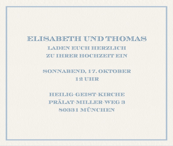 Klassische Online Einladungskarte in Querformat mit feinem Rahmen. Blau.