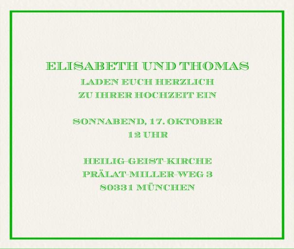 Klassische Online Einladungskarte in Querformat mit feinem Rahmen. Grün.