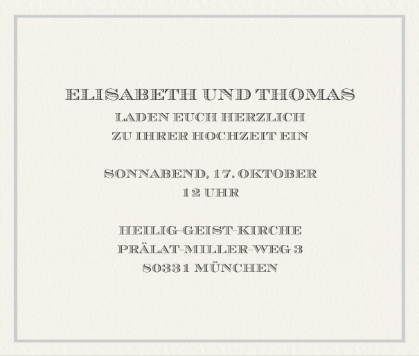 Klassische Online Einladungskarte in Querformat mit feinem Rahmen. Grau.