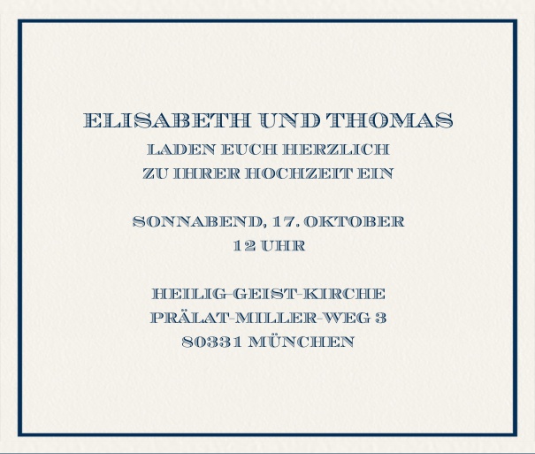 Klassische Online Einladungskarte in Querformat mit feinem Rahmen. Marine.