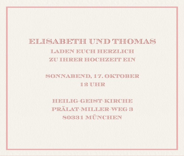Klassische Online Einladungskarte in Querformat mit feinem Rahmen. Rosa.