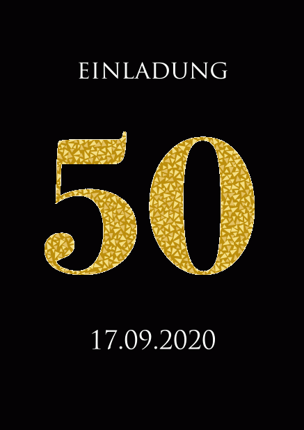 Einladungskarte zum 50. Jubiläum mit großer animierenden Zahl 50 aus goldenen Mosaiksteinen. Schwarz.