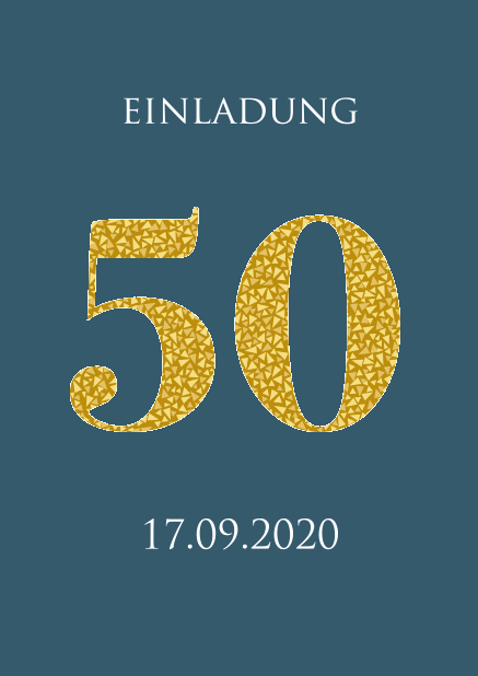 Einladungskarte zum 50. Jubiläum mit großer animierenden Zahl 50 aus goldenen Mosaiksteinen. Blau.