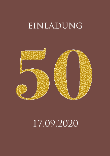 Einladungskarte zum 50. Jubiläum mit großer animierenden Zahl 50 aus goldenen Mosaiksteinen. Gold.