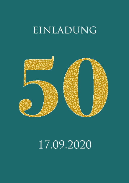 Einladungskarte zum 50. Jubiläum mit großer animierenden Zahl 50 aus goldenen Mosaiksteinen. Grün.