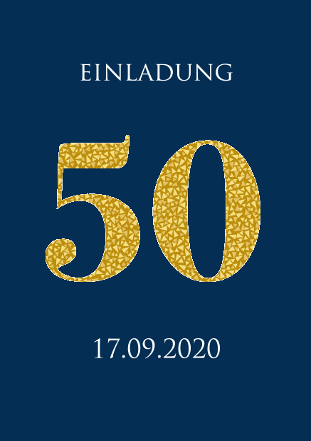 Einladungskarte zum 50. Jubiläum mit großer animierenden Zahl 50 aus goldenen Mosaiksteinen. Marine.